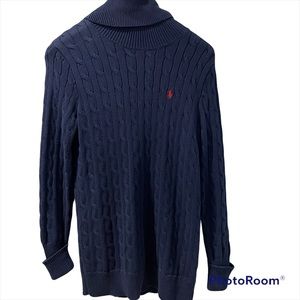 Ralph Lauren Sport Women’s Turtleneck Cable Knit Cotton Navy Blue Sweater Large
